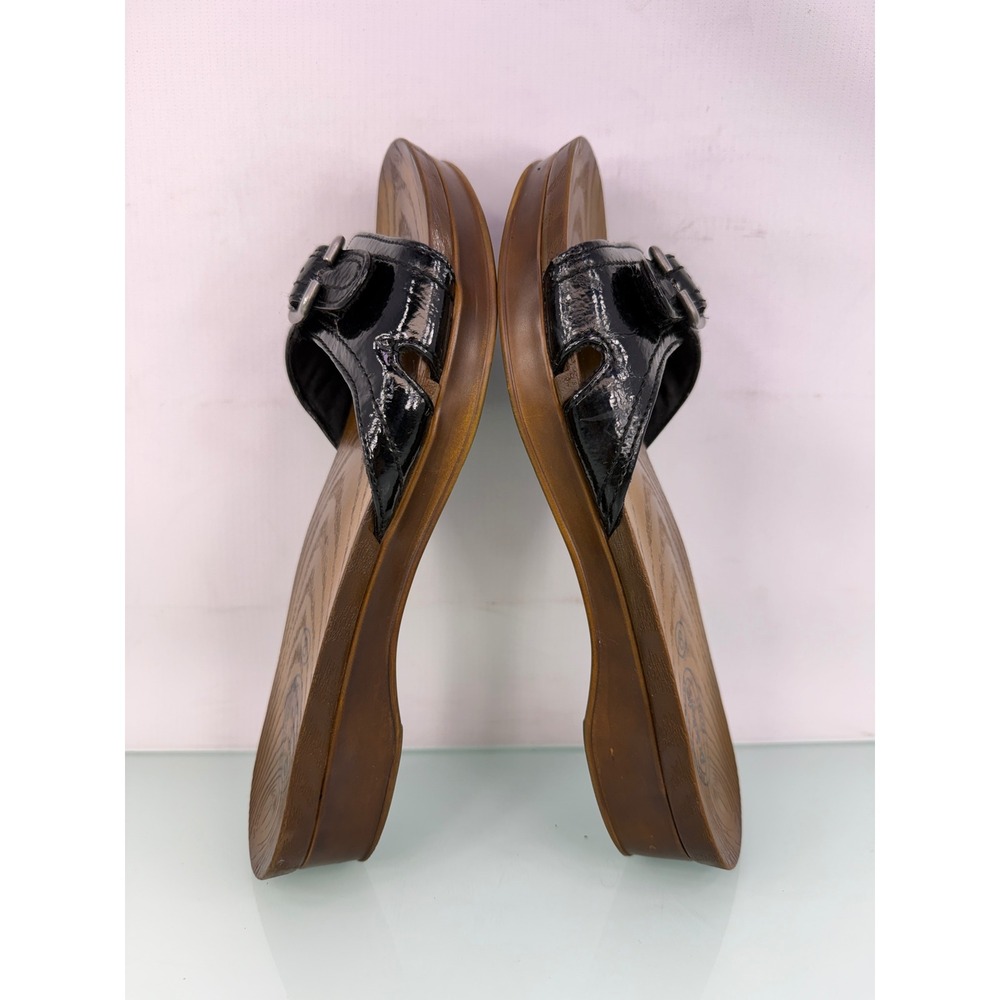 Dr. Scholl's Original Collection Black Patent Slide Sandals 8 Wood Footbed Y2K - Picture 7 of 10